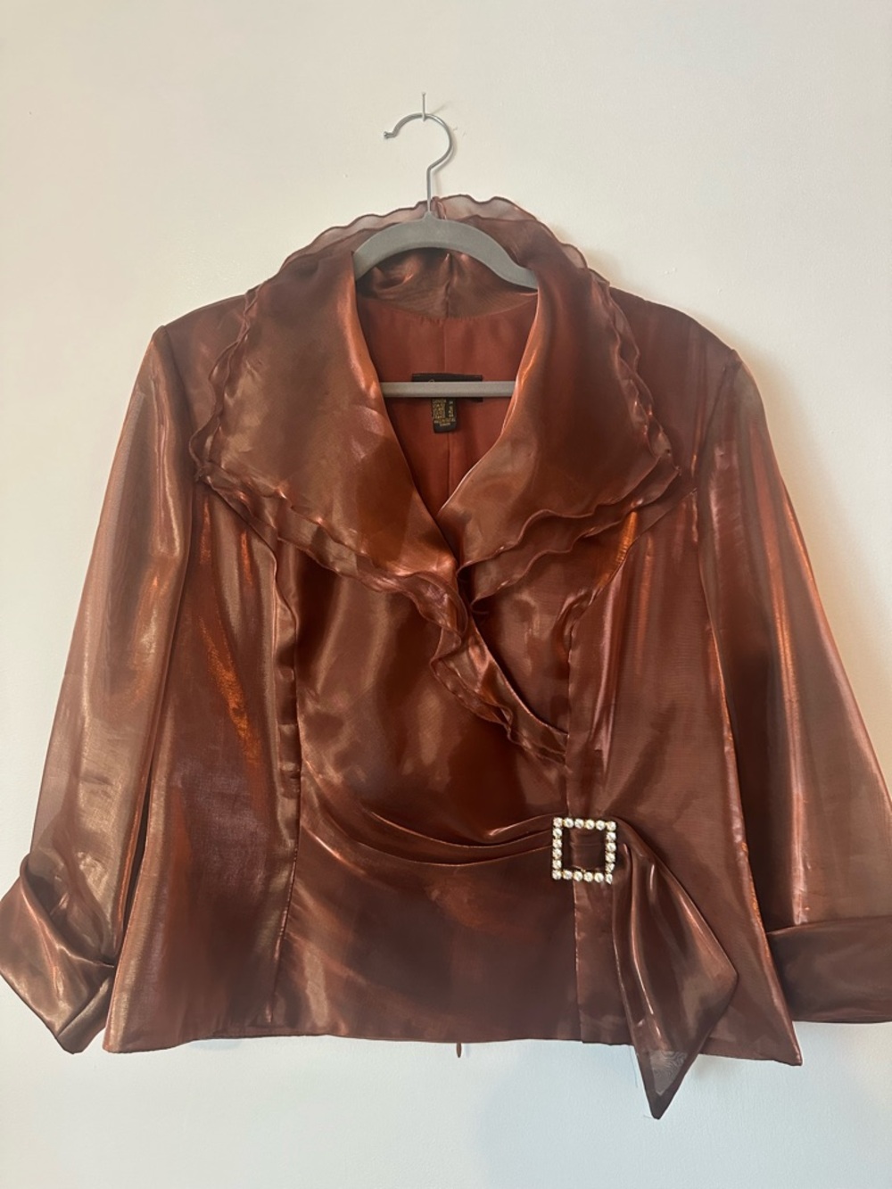 Organza Lined Ruffle Draped Blouse with Pearl Buckle - Shimmering Copper